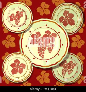 Poster on theme of golden autumn and thanksgiving day. Set of wall plates depicting bunches of grapes on a background of red and brown texture of grape leaves. Vector cartoon close-up illustration. Stock Vector