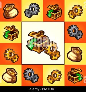 Funny poster or card with treasure chests and gold gears isolated on multicolored background. Vector cartoon close-up illustration. Stock Vector