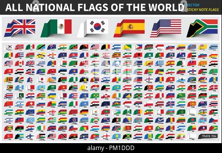 All official national flags of the world . Sticky note design . Vector . Stock Vector