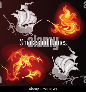 Sketch for a poster on the theme of fire and smoke. Patterns in the form of ships, the dragon and the fiery feather of a fire bird. Vector cartoon close-up illustration. Stock Vector