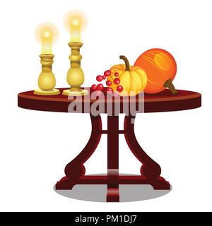 Element of interior design on theme of golden autumn and thanksgiving day isolated on a white background. Lighted candles, ripe miniature pumpkin. Vector cartoon close-up illustration. Stock Vector
