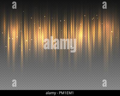Vertical golden yellow radiance glow pulsing rays on transparent background. Vector abstract illustration of hot orange Aurora Borealis light effect.  Stock Vector