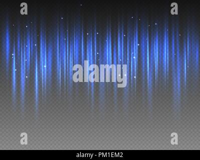 Vertical blue radiance glow pulsing rays with sparks on transparent background. Vector abstract illustration of Aurora Borealis light effect. Shining  Stock Vector