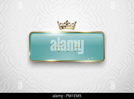 Vip light green glass label with golden frame sparks and crown on white background. Premium glossy template. Vector luxury illustration Stock Vector
