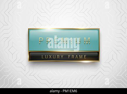 Premium light green and black glass label with golden frame on white geometric background. Luxury glossy logo template. Vector illustration Stock Vector