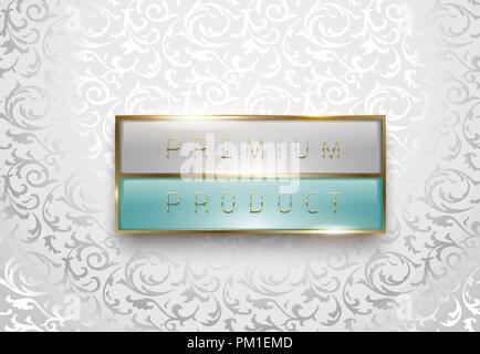 Premium product light grey and green label with golden frame on white floral background. Luxury glossy logo template. Vector illustration Stock Vector