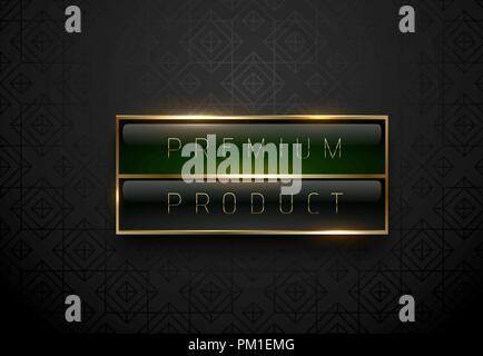 Premium product black green label with golden frame on black geometric background. Dark luxury logo template. Vector illustration Stock Vector