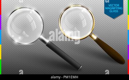 Realistic vector magnifying glass set on transparent background. Isolated icon of retro and modern lupe. Stock Vector