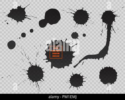 Black ink spot set, paint blot. Semitransparent vector shapes isolated on transparent background. Stock Vector