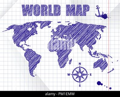 Blue ink sketched navigation world map on school notebook sheet background. Stock Vector