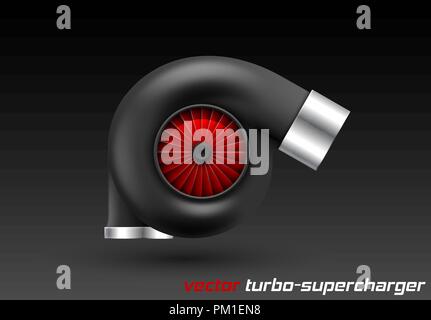 Vector car turbocharger isolated on dark background. Realistic black turbine with red fan icon. Tuning turbo superchardger Stock Vector