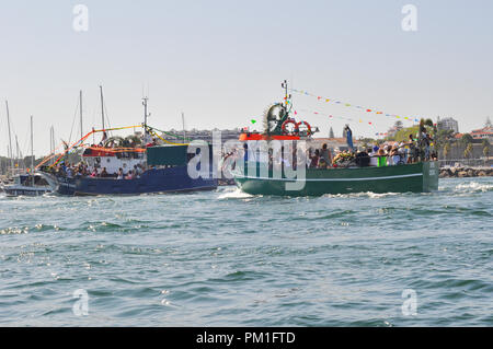 Fishing Boats on the Maritime Procession of Nossa Senhora do Cabo, Cascais Stock Photo