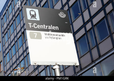 Stockholm, Sweden - September 13, 2018: Close up of the T-Centralen tram stop sign operated by line 7 by the Greater Stockholm public transport, SL. Stock Photo