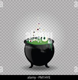 Black witch steaming pot cauldron with green boiling potion, eyeballs isolated. Halloween vector illustration, clip art, icon, sign, witch symbol. Des Stock Vector