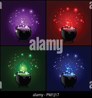 Happy Halloween greeting card elements set. Witch cauldron with boiling sparkling potion. Vector illustration, icons, witch symbols. Design elements f Stock Vector