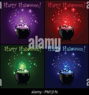 Happy Halloween greeting card set. Witch cauldron with boiling sparkling potion and inscription. Vector illustration, greeting card, icon, witch symbo Stock Vector