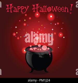 Happy Halloween greeting card. Witch cauldron with boiling sparkling potion and inscription on red background. Vector cartoon illustration, invitation Stock Vector