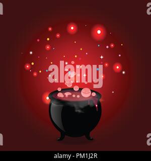 Black witch pot cauldron with boiling potion, glowing sparkles and bubbles on red background. Halloween vector illustration, greeting card, icon, witc Stock Vector