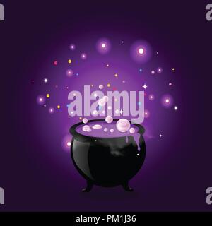 Black witch pot cauldron with boiling potion, glowing sparkles and bubbles on purple background. Halloween vector illustration, greeting card, icon, w Stock Vector
