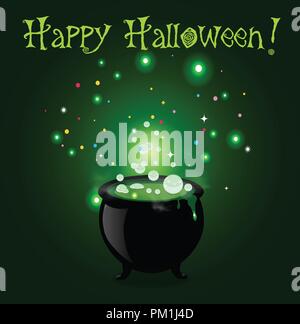 Happy Halloween greeting card. Witch cauldron with boiling sparkling potion and inscription on green background. Vector cartoon illustration, invitati Stock Vector