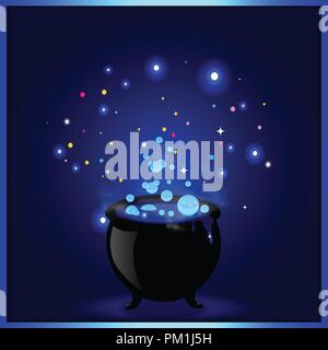 Black witch pot cauldron with boiling potion, glowing sparkles and bubbles on blue background. Halloween vector illustration, greeting card, icon, wit Stock Vector