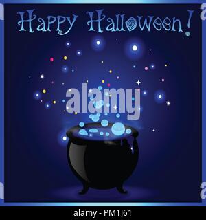Happy Halloween greeting card. Witch cauldron with boiling sparkling potion and inscription on blue background. Vector cartoon illustration, invitatio Stock Vector
