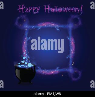 Happy halloween star galaxy frame with boiling cauldron and copy space. Llight shining glowing sparkle effect dust explosion scatter bright neon vecto Stock Vector