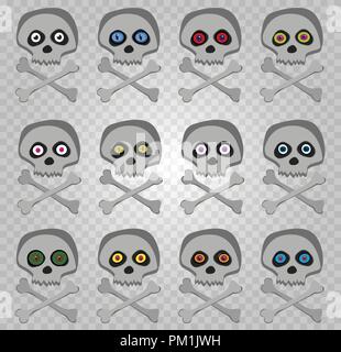 Vector set of cartoon skeleton sculls with multi colored random eyes isolated on transparent background. Halloween collection of icons, clip art, digi Stock Vector