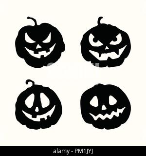 Halloween cartoon style vector silhouette spooky face black pumpkins icons set isolated on the white background. Stock Vector