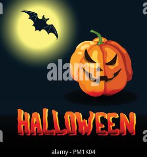 Cartoon style vector Halloween title and spooky face pumpkin over midnight background with full moon and bat Stock Vector