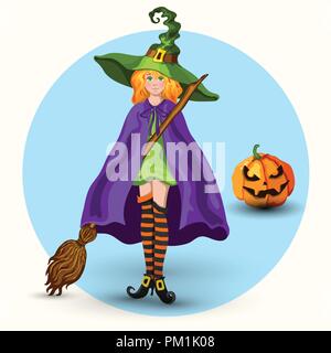 Cartoon young witch in the magic green hat with broom and pumpkin lantern on the blue background Stock Vector