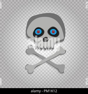 Vector cartoon skeleton scull with blue red eyes isolated on transparent background. Halloween icon, clip art, digital design element, pirate symbol,  Stock Vector