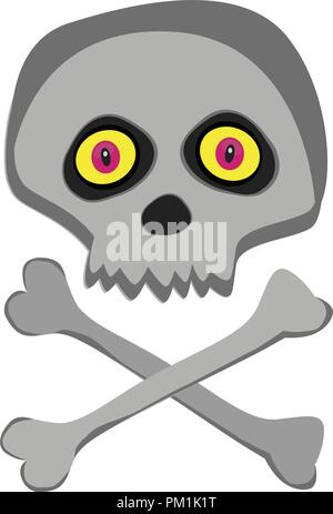 Vector cartoon skeleton scull with yellow red eyes isolated on white background. Halloween icon, clip art, digital design element, pirate symbol, sign Stock Vector