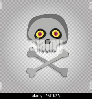 Vector cartoon skeleton scull with yellow red eyes isolated on transparent background. Halloween icon, clip art, digital design element, pirate symbol Stock Vector