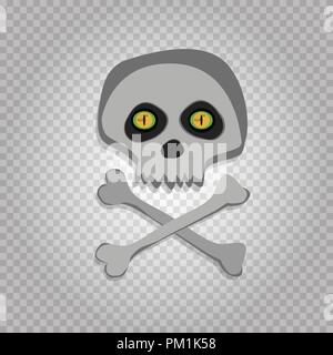 Vector cartoon skeleton scull with yellow angry eyes isolated on transparent background. Halloween icon, clip art, digital design element, pirate symb Stock Vector