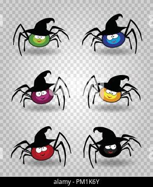 Vector set of cute funny multi colored smiling spiders in halloween witch hat. Green, blue, purple, red, yellow and black spider characters on transpa Stock Vector