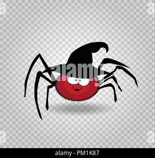 Vector illustration of cute funny red smiling spider wearing black halloween witch hat. Cartoon spider character isolated on transparent background. D Stock Vector