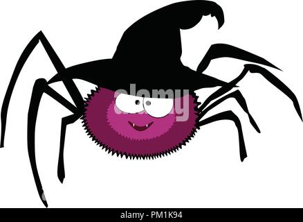 Vector illustration of cute funny purple smiling spider wearing black halloween witch hat. Cartoon spider character isolated on white background. Digi Stock Vector