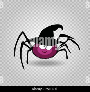 Vector illustration of cute funny purple smiling spider wearing black halloween witch hat. Cartoon spider character isolated on transparent background Stock Vector