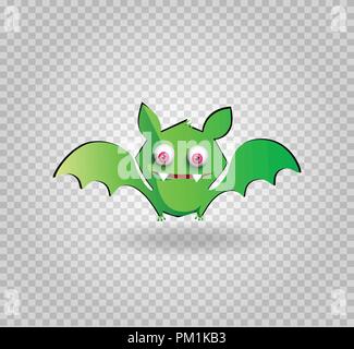 Vector illustration of cute funny green smiling bat cartoon character isolated on transparent background. Halloween digital design element, icon, clip Stock Vector