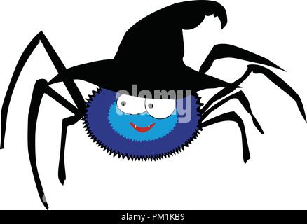 Vector illustration of cute funny blue smiling spider wearing black halloween witch hat. Cartoon spider character isolated on white background. Digita Stock Vector