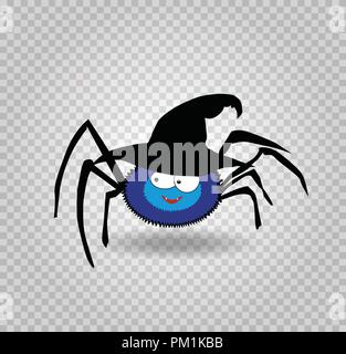 Vector illustration of cute funny blue smiling spider wearing black halloween witch hat. Cartoon spider character isolated on transparent background.  Stock Vector