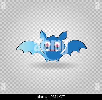 Vector illustration of cute funny blue smiling bat cartoon character isolated on transparent background. Halloween digital design element, icon, clip  Stock Vector
