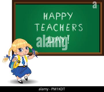Happy teachers day greeting card clip art with cute cartoon school girl wearing uniform and backpack near chalckboard on white. Vector illustration of Stock Vector