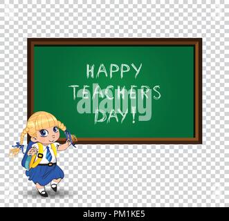 Happy teachers day greeting card clip art with cute cartoon school girl wearing uniform and backpack near chalckboard isolated. Vector illustration of Stock Vector