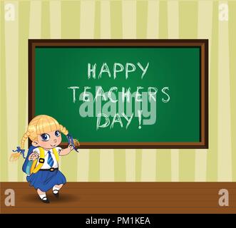 Happy teachers day greeting card with cute cartoon school girl wearing uniform with backpack near chalckboard in classroom. Vector illustration of kaw Stock Vector
