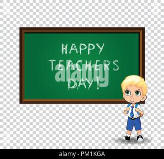 Happy teachers day greeting card clip art with cute cartoon school boy wearing uniform and backpack near chalckboard isolated. Vector illustration of  Stock Vector