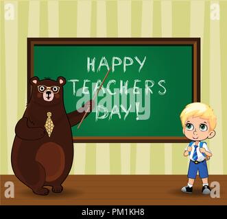 Happy teachers day greeting card illustration with cute cartoon bear teacher wearing glasses and tie holding pointer and kawaii schoolboy in uniform n Stock Vector