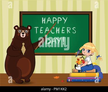 Happy teachers day vector illustration of cartoon bear teacher in glasses and tie holding pointer near blackboard and school girl with leaves bouquet  Stock Vector