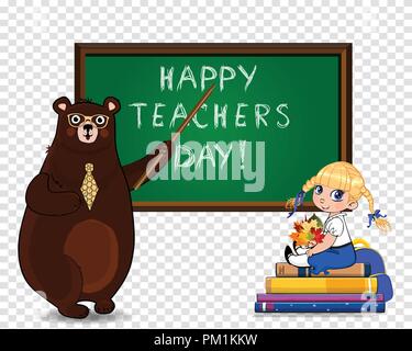 Happy teachers day vector illustration, clip art of cartoon bear teacher in glasses and tie holding pointer near blackboard and school girl with leave Stock Vector